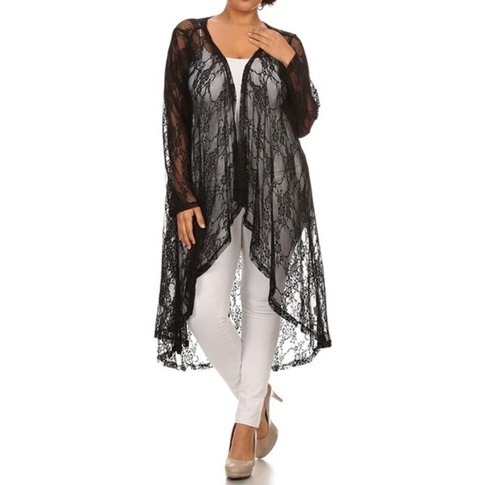 Long Sleeve Sheer Lace Duster Cardigan Black Plus Size Open Front